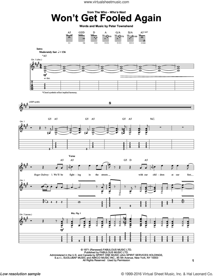 Won't Get Fooled Again sheet music for guitar (tablature) by The Who, intermediate skill level