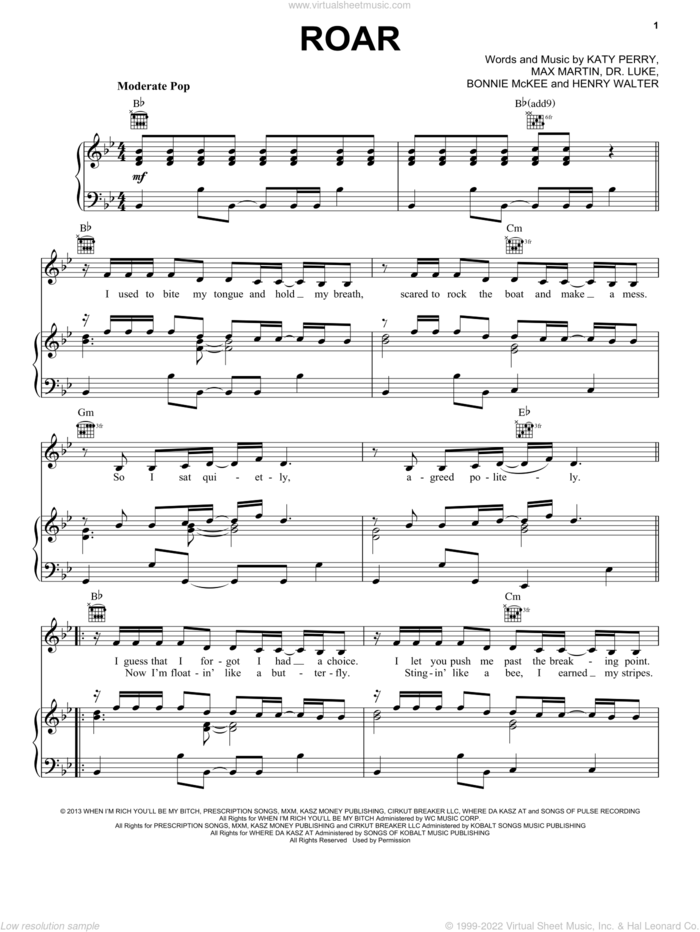 Roar sheet music for voice, piano or guitar by Katy Perry, intermediate skill level