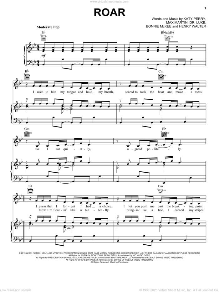 Roar sheet music for voice, piano or guitar by Katy Perry, intermediate skill level