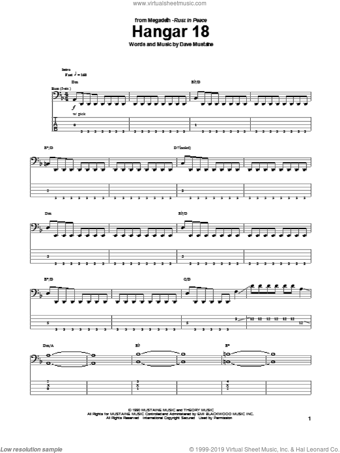 Hangar 18 sheet music for bass (tablature) (bass guitar) by Megadeth, intermediate skill level