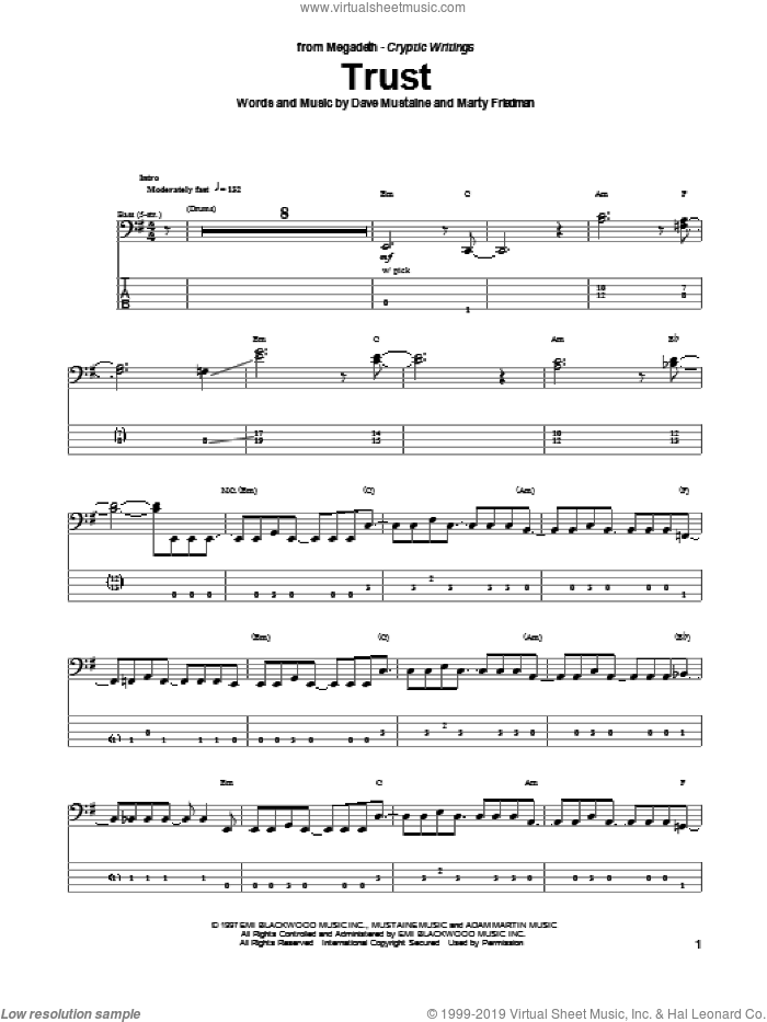 Trust sheet music for bass (tablature) (bass guitar) by Megadeth, intermediate skill level