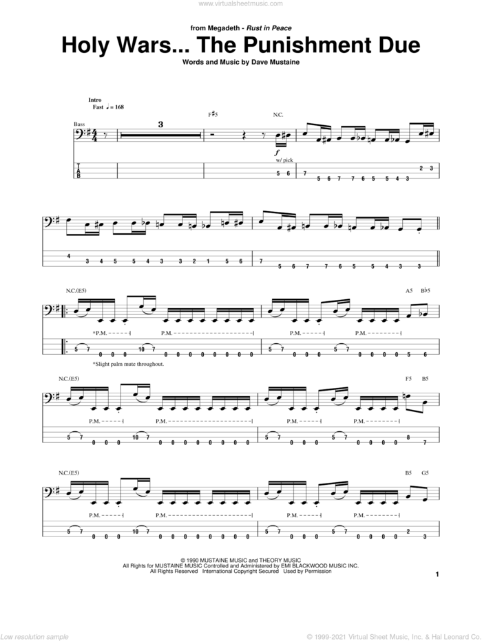 Holy Wars...The Punishment Due sheet music for bass (tablature) (bass guitar) by Megadeth, intermediate skill level