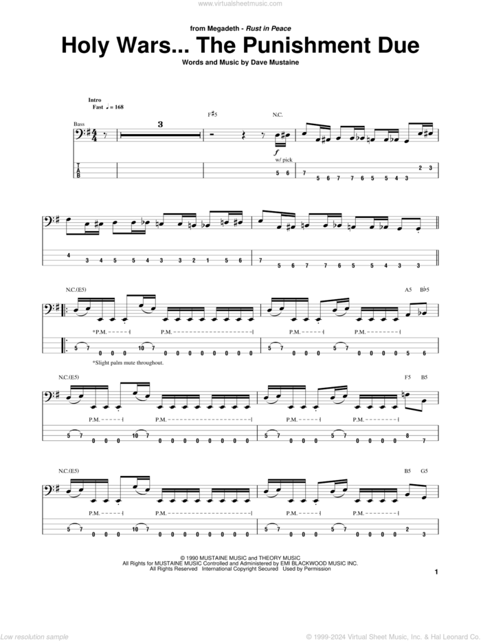 Holy Wars...The Punishment Due sheet music for bass (tablature) (bass guitar) by Megadeth, intermediate skill level