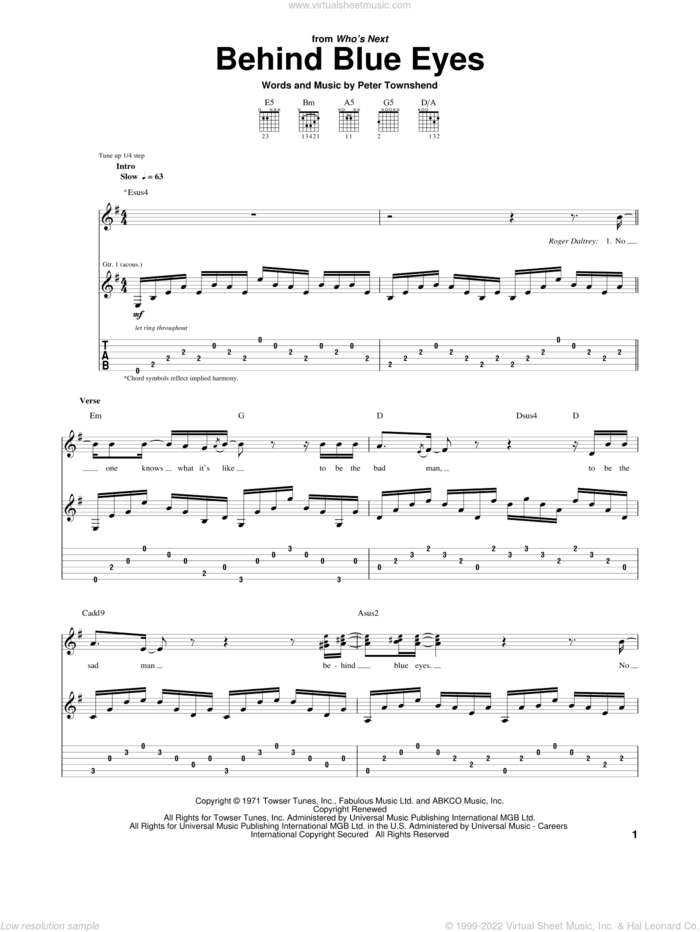 Behind Blue Eyes sheet music for guitar (tablature) by The Who, intermediate skill level