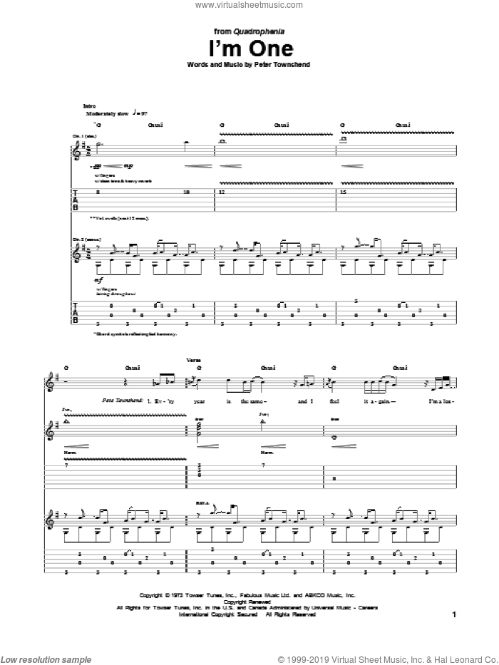 I'm One sheet music for guitar (tablature) by The Who, intermediate skill level
