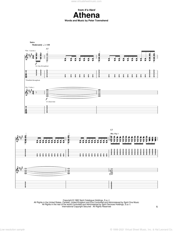 Athena sheet music for guitar (tablature) by The Who, intermediate skill level