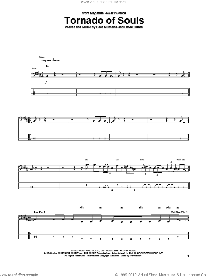 Tornado Of Souls sheet music for bass (tablature) (bass guitar) by Megadeth, intermediate skill level