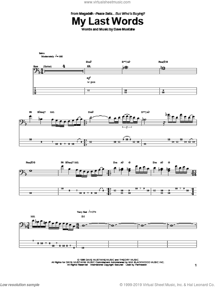 My Last Words sheet music for bass (tablature) (bass guitar) by Megadeth, intermediate skill level