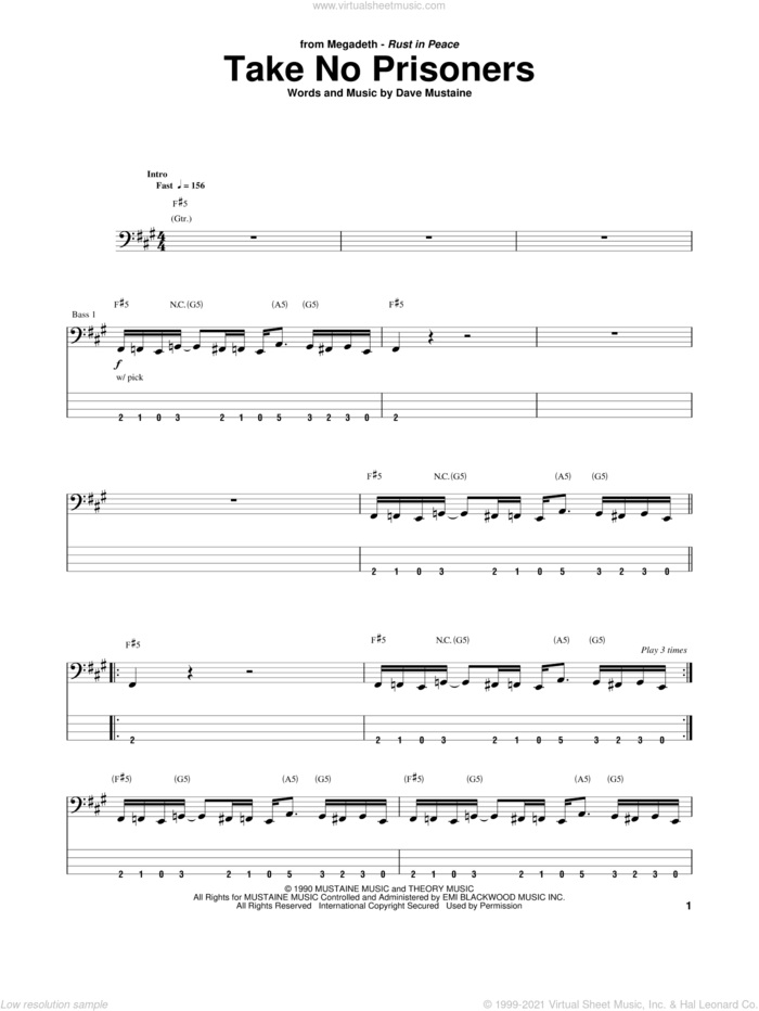 Take No Prisoners sheet music for bass (tablature) (bass guitar) by Megadeth, intermediate skill level
