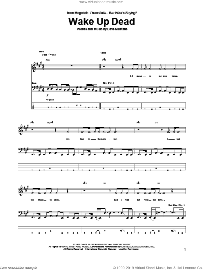 Wake Up Dead sheet music for bass (tablature) (bass guitar) by Megadeth, intermediate skill level