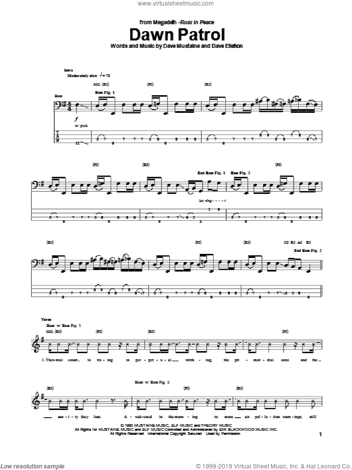 Dawn Patrol sheet music for bass (tablature) (bass guitar) by Megadeth, intermediate skill level