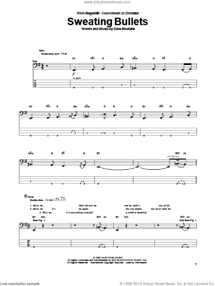 Sweating Bullets sheet music for bass (tablature) (bass guitar) by Megadeth, intermediate skill level