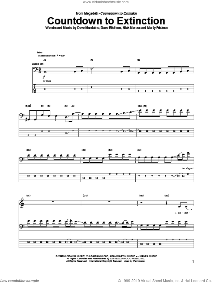 Countdown To Extinction sheet music for bass (tablature) (bass guitar) by Megadeth, intermediate skill level