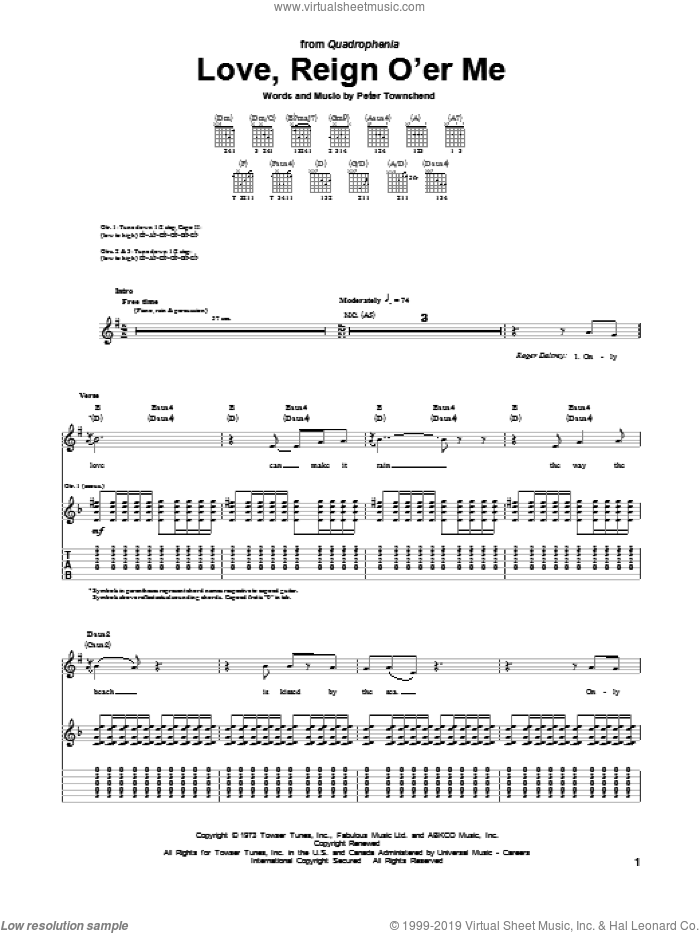 Love, Reign O'er Me sheet music for guitar (tablature) by The Who, intermediate skill level