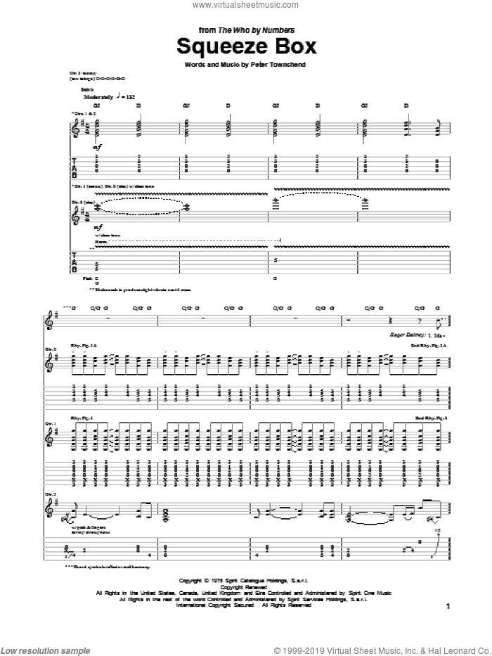 Squeeze Box sheet music for guitar (tablature) by The Who, intermediate skill level