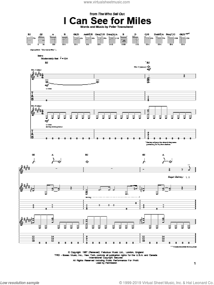 I Can See For Miles sheet music for guitar (tablature) by The Who, intermediate skill level