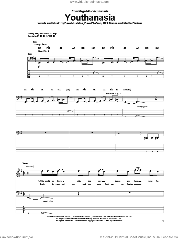 Youthanasia sheet music for bass (tablature) (bass guitar) by Megadeth, intermediate skill level