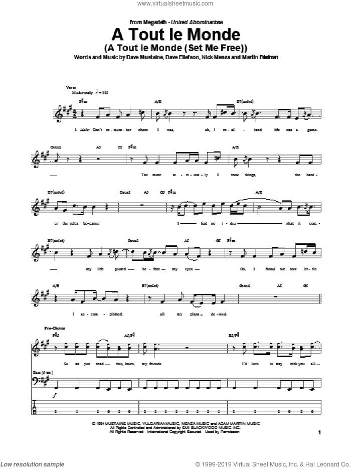 A Tout Le Monde (A Tout Le Monde (Set Me Free)) sheet music for bass (tablature) (bass guitar) by Megadeth, intermediate skill level