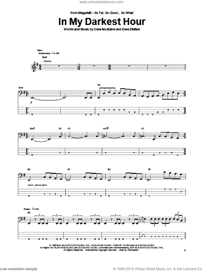 In My Darkest Hour sheet music for bass (tablature) (bass guitar) by Megadeth, intermediate skill level