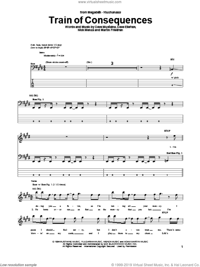Train Of Consequences sheet music for bass (tablature) (bass guitar) by Megadeth, intermediate skill level