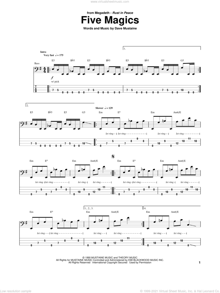 Five Magics sheet music for bass (tablature) (bass guitar) by Megadeth, intermediate skill level