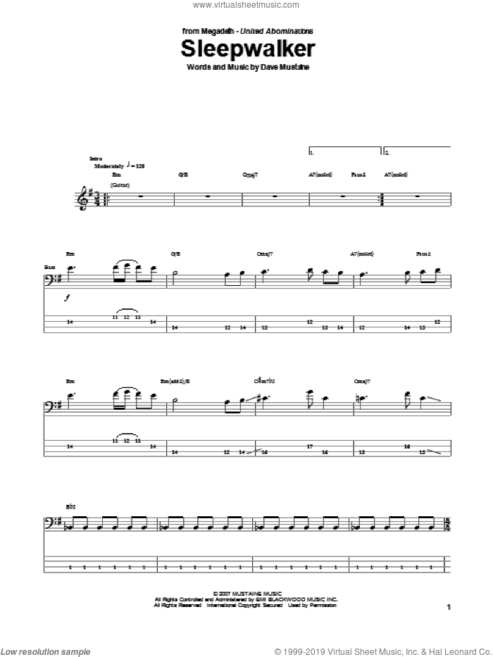 Sleepwalker sheet music for bass (tablature) (bass guitar) by Megadeth, intermediate skill level