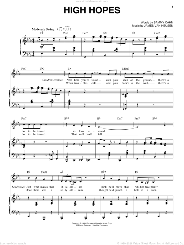 High Hopes sheet music for voice and piano by Frank Sinatra, Jimmy van Heusen and Sammy Cahn, intermediate skill level