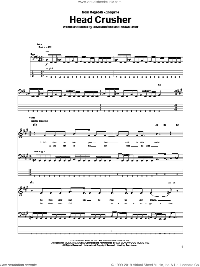 Head Crusher sheet music for bass (tablature) (bass guitar) by Megadeth, intermediate skill level