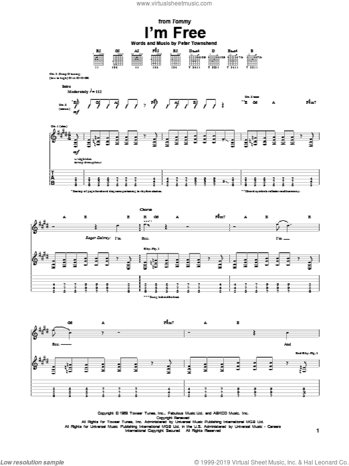 I'm Free sheet music for guitar (tablature) by The Who, intermediate skill level
