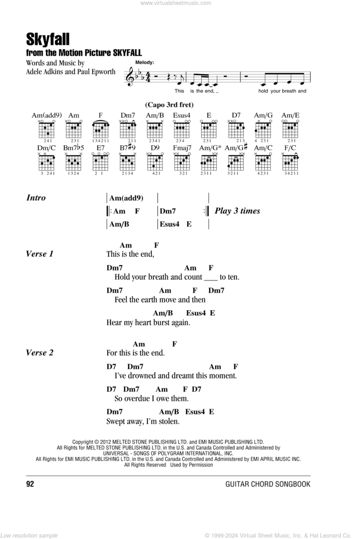 Skyfall sheet music for guitar (chords) by Adele, intermediate skill level