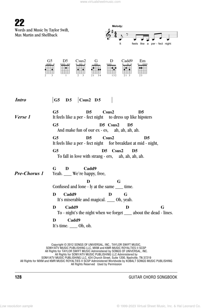 22 sheet music for guitar (chords) by Taylor Swift, intermediate skill level