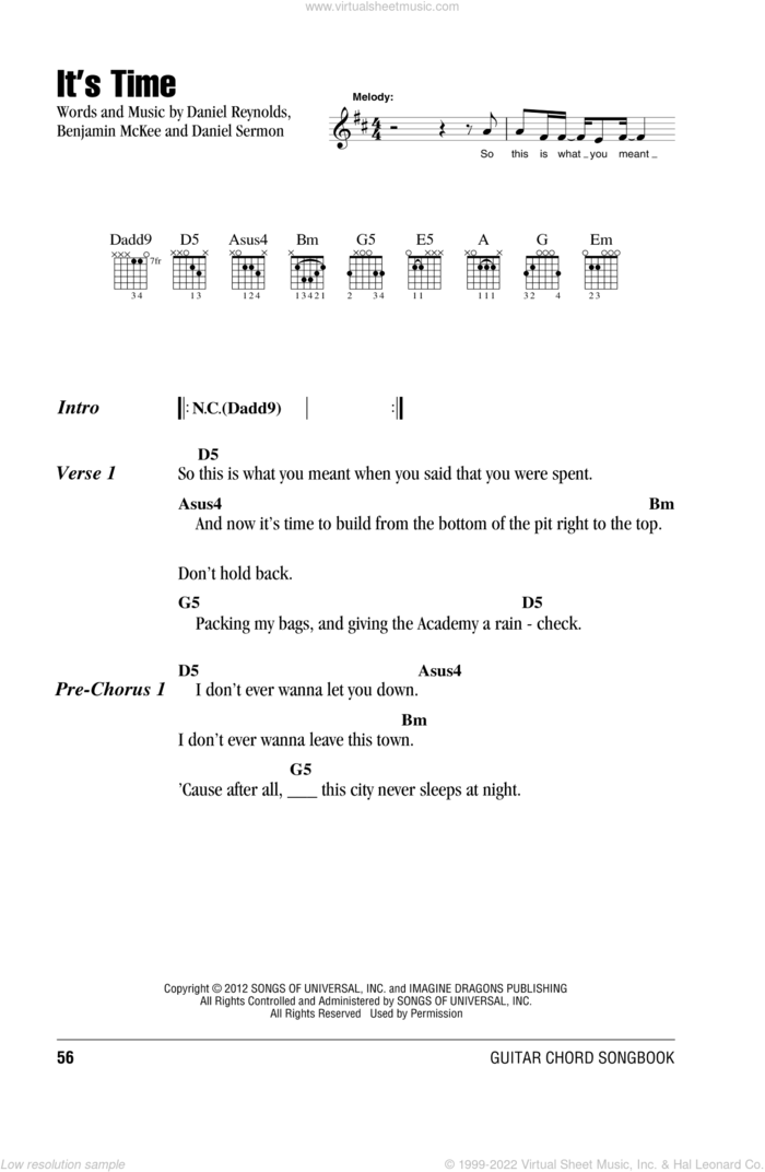It's Time sheet music for guitar (chords) by Imagine Dragons, intermediate skill level