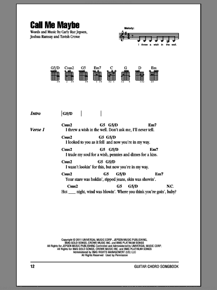 Call Me Maybe sheet music for guitar (chords) by Carly Rae Jepsen, intermediate skill level