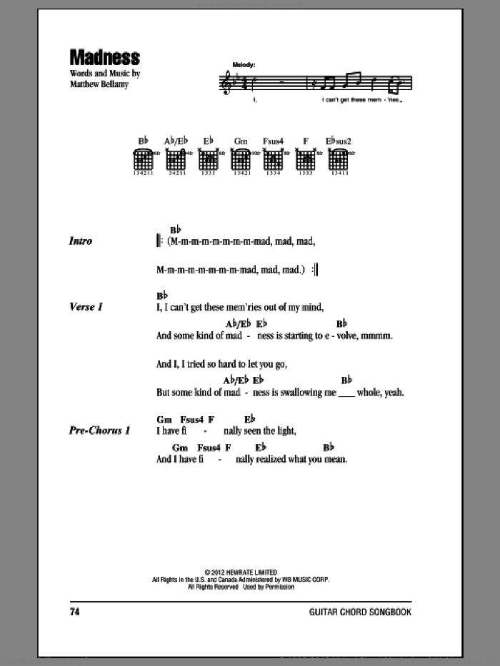 Madness sheet music for guitar (chords) by Muse, intermediate skill level