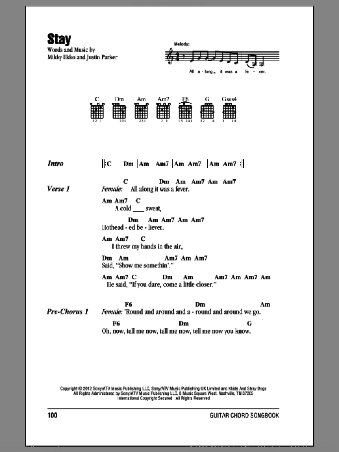 Stay sheet music for guitar (chords) by Rihanna, intermediate skill level