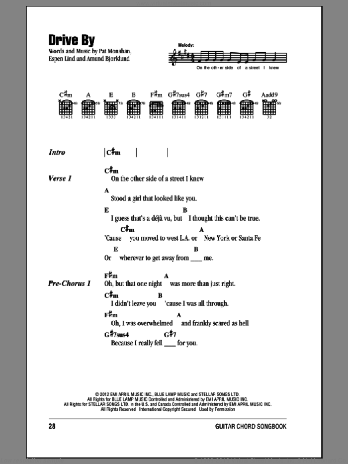 Drive By sheet music for guitar (chords) by Train, intermediate skill level