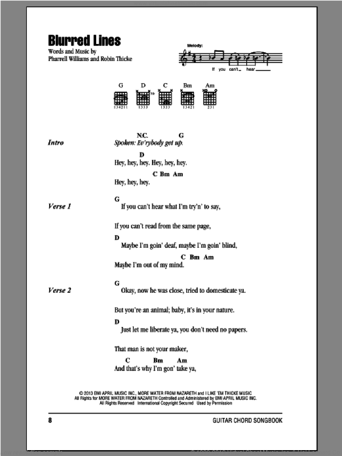 Blurred Lines sheet music for guitar (chords) by Robin Thicke, intermediate skill level