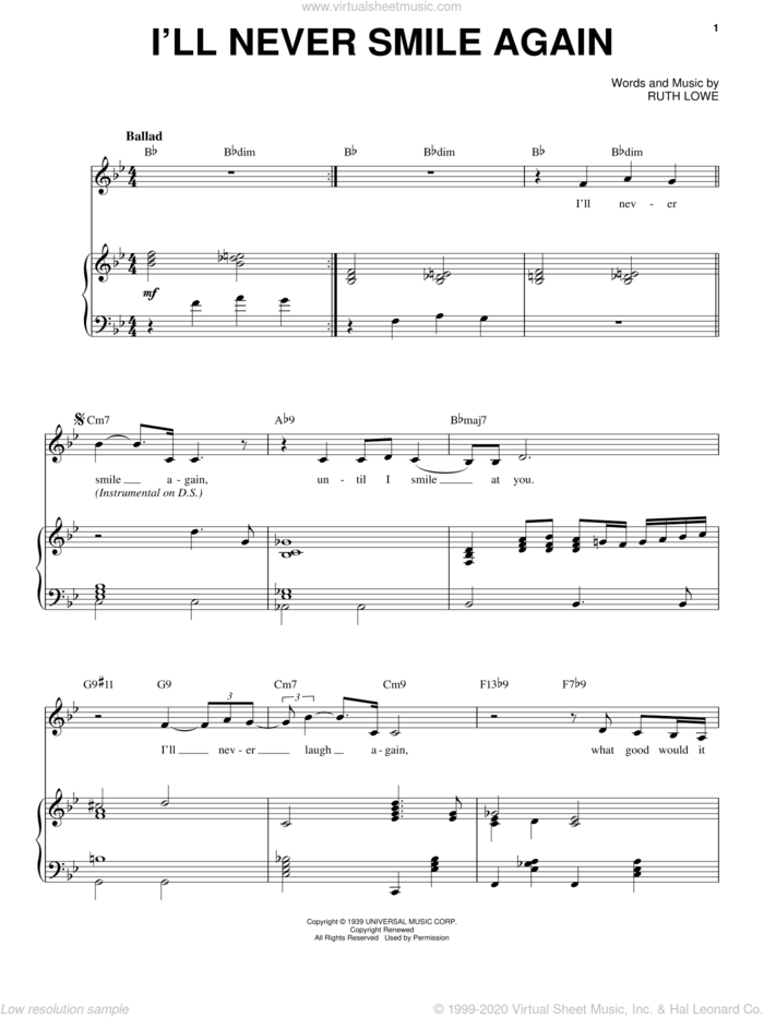 I'll Never Smile Again sheet music for voice and piano by Frank Sinatra, Tommy Dorsey and Ruth Lowe, intermediate skill level