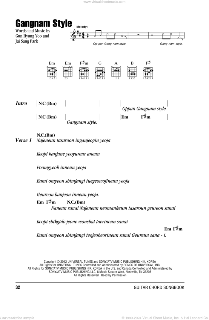 Gangnam Style sheet music for guitar (chords) by PSY, intermediate skill level