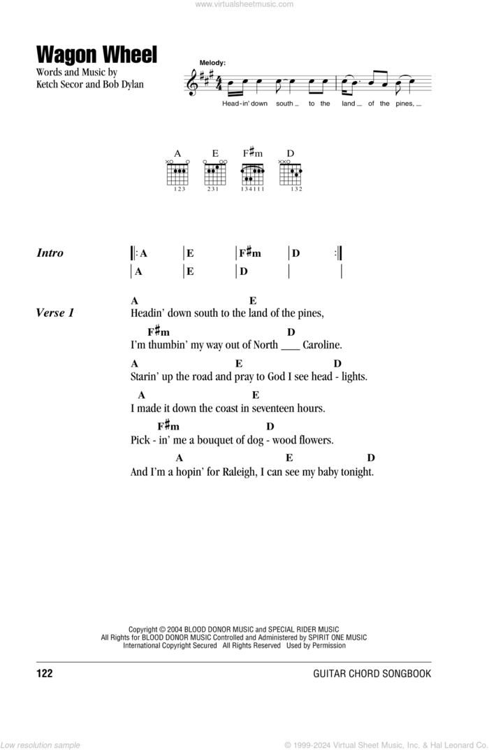 Wagon Wheel sheet music for guitar (chords) by Bob Dylan, Darius Rucker and Old Crow Medicine Show, intermediate skill level