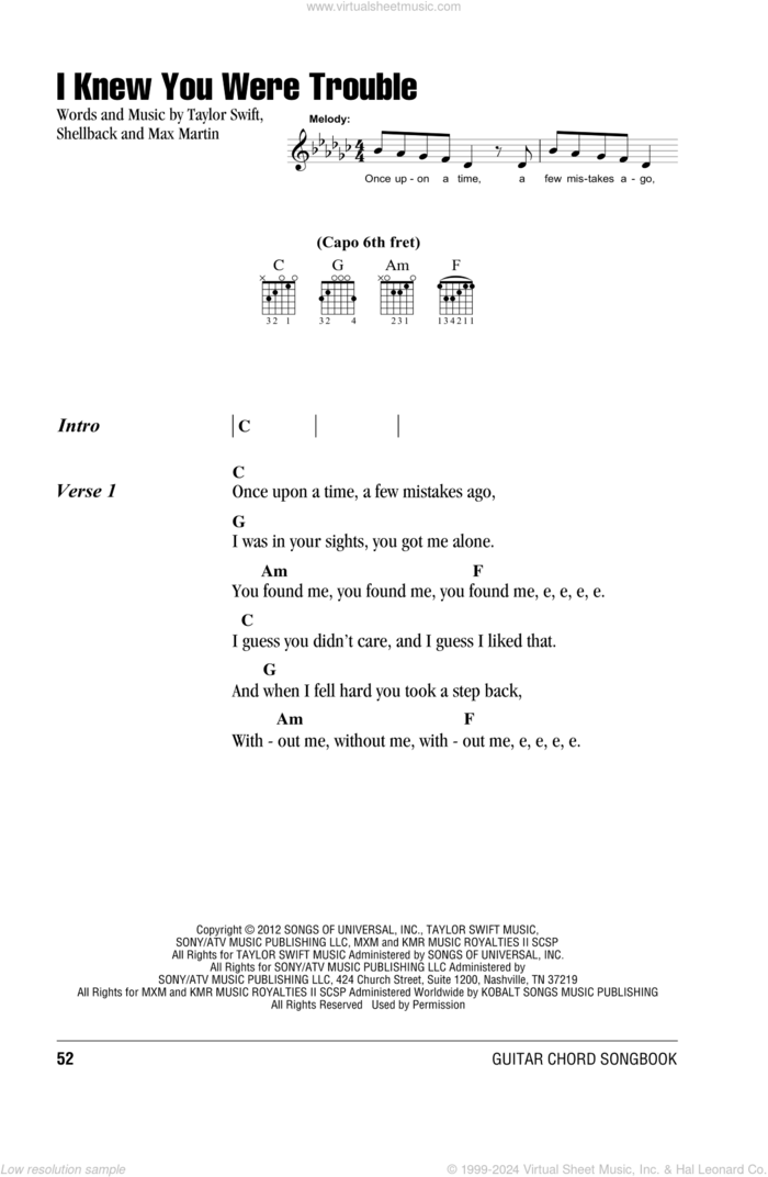 I Knew You Were Trouble sheet music for guitar (chords) by Taylor Swift, intermediate skill level