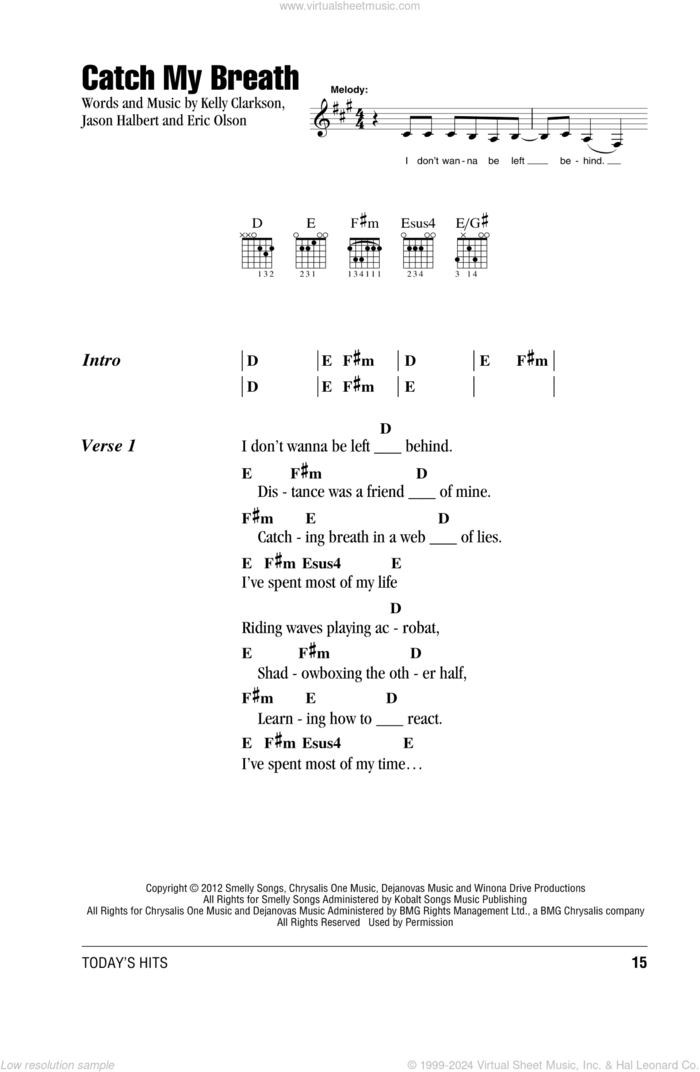 Catch My Breath sheet music for guitar (chords) by Kelly Clarkson, intermediate skill level