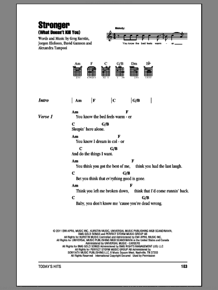 Stronger (What Doesn't Kill You) sheet music for guitar (chords) by Kelly Clarkson, intermediate skill level