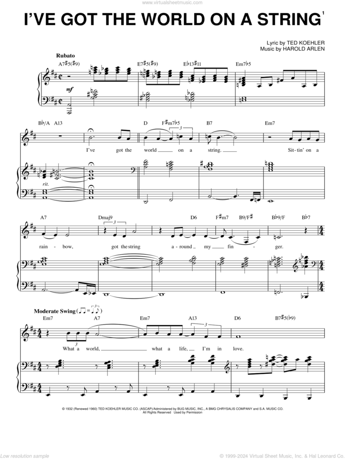 I've Got The World On A String sheet music for voice and piano by Frank Sinatra, Harold Arlen and Ted Koehler, intermediate skill level