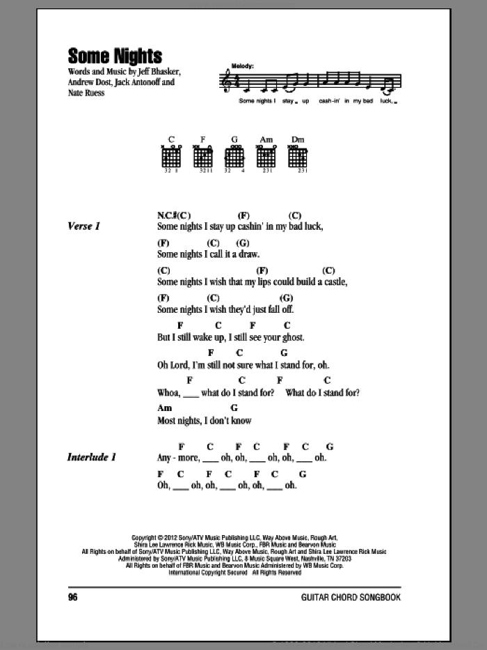 Some Nights sheet music for guitar (chords) by Fun, intermediate skill level