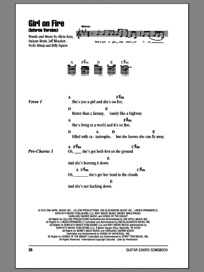 Girl On Fire (Inferno Version) sheet music for guitar (chords) by Alicia Keys and Nicki Minaj, intermediate skill level
