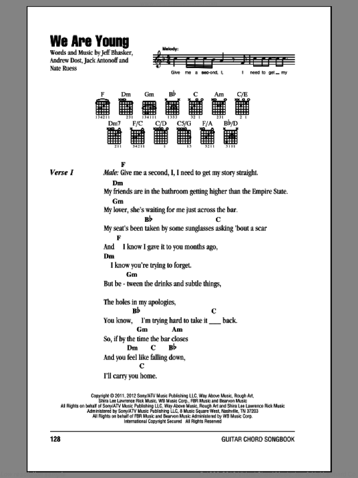 We Are Young sheet music for guitar (chords) by Fun, intermediate skill level
