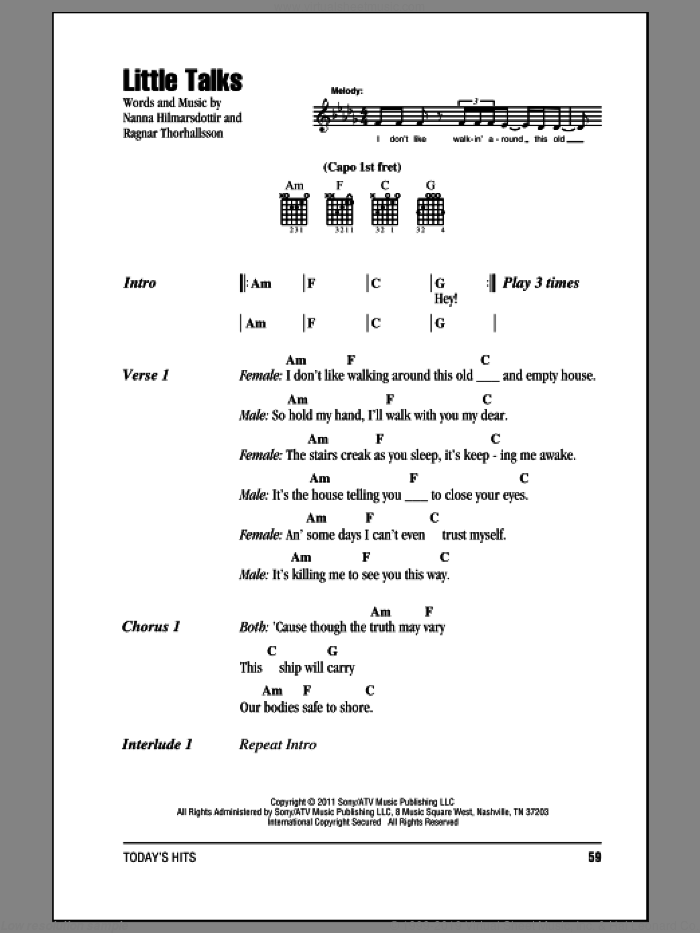 Little Talks sheet music for guitar (chords) by Of Monsters And Men, intermediate skill level