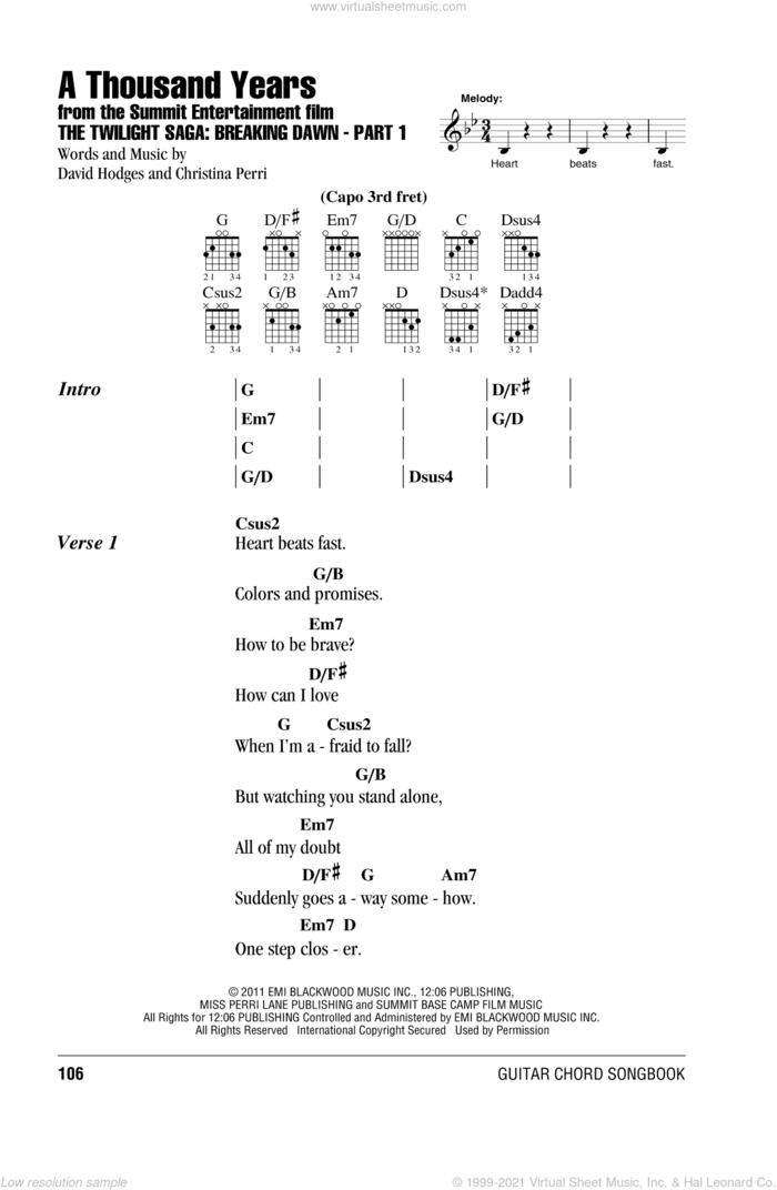 A Thousand Years sheet music for guitar (chords) by Christina Perri, wedding score, intermediate skill level