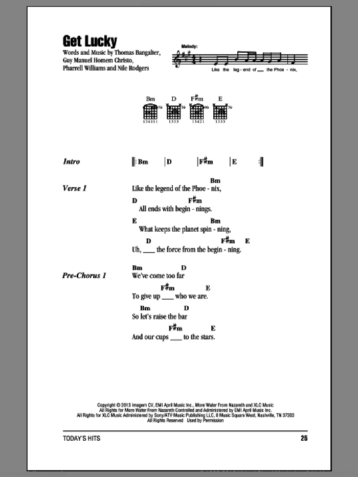 Get Lucky sheet music for guitar (chords) by Daft Punk and Pharrell Williams, intermediate skill level